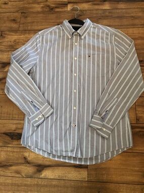 Tommy Hilfiger Mens Shirt Size L Blue with Turquoise Stripes Long Sleeve